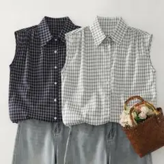 3色展開 折り衿 袖なし チェック ブラウス おしゃれ＆カジュアル 通勤