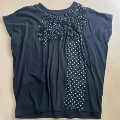 zucca テープドットジャージードット柄 フリル 半袖Tシャツ　ブラック