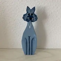 青い猫の木製置物 ハート ハンドメイド トールペイント