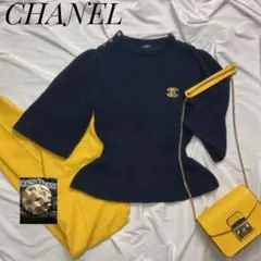 CHANEL シャネル ペプラム コットン ニット フレアスリーブ ネイビー