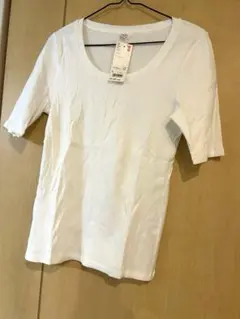 ユニクロ　UNIQLO リブUネックT(五分袖) Lサイズ　ホワイト