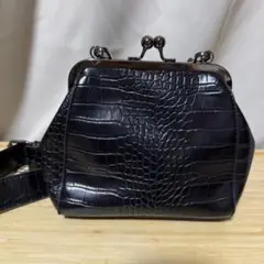 クロコダイル パターン ショルダーバッグ がま口 黒 ブラック