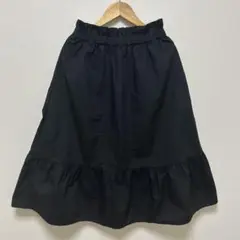 ユニクロ ハイウエストリボンフリルスカート ひざ丈 黒 ウエストゴム