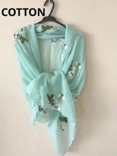 コットン大判ストール　刺繍白花　ライトエメラルドグリーン162cmｘ92cm新品