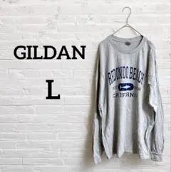一点もの‼︎GILDAN【L】グレーネイビープリント長袖Tシャツ メンズレディース