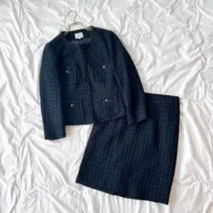 美品✨自由区　ノーカラージャケット　ツイード　セットアップ　ネイビー　Lサイズ