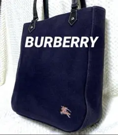 美品 BURBERRY バーバリー 縦型 レザー キャンバス トートバッグ 紺