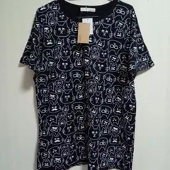 匿名配送☆総柄☆猫と眼鏡デザインのTシャツМ新品未使用　　黒地にホワイト