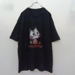 『Tシャツ』猫 キャラクター プリント 黒【M-L】半袖カットソー クルーネック