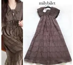 新品タグ付き milybilet プリーツギャザーフレアワンピース ブラウン M