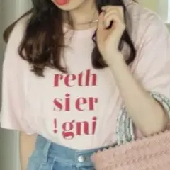 【Kastane】カスタネ（M）英字プリントTシャツ＊麻混＊クルーネック＊ピンク