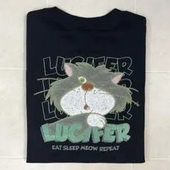 ディズニー　シンデレラ　ルシファー　半袖　サガラ　刺繍　Tシャツ　ブラック　M