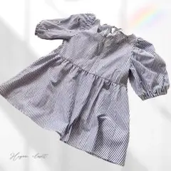 【美品】ストライプワンピース パフスリーブ Mサイズ ガーリー 刺繍　花柄
