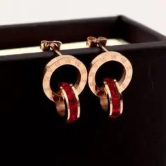 スタッドピアス ローマ数字 リング ピンクゴールド レッド ダイヤ 韓国
