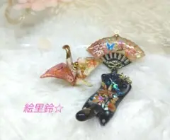 秋物語❀もみじ柄❤ジャンピングねこさん❤折り鶴❤扇チャームパーツセット❀·°