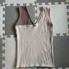 ベージュ リブ編み Vネック タンクトップ M
