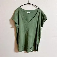 umgee 【Ｌ】オリーブグリーン Vネック Tシャツ