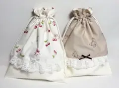 【人気柄‪‪❤︎‬2回目の再販】くまとさくらんぼの巾着袋2点セット ハンドメイド