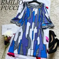 【良品】EMILIO PUCCI プッチ柄膝丈ワンピース 七分袖 フレア 総柄