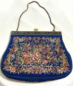 60年代ビンテージ フランス・プチポワン花刺繍マイクロビーズがま口パーティバッグ 60年代ビンテージ フランス・プチポワン花刺繍マイクロビーズ