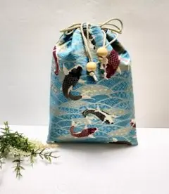 信玄袋 和柄 男性用 浴衣用着物用　巾着袋 リバーシブル!!《鯉文様　水色》
