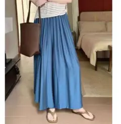 ゆったり ワイドパンツ ブルー L楽ちん ポケット ウエストゴム薄手　リラックス