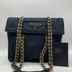 高騰中✨ PRADA チェーン ショルダーバッグ ネイビー 三角ロゴ