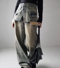 me+me selectミームセレクトダブルウエストダメージデニム XL