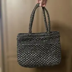 【ハンドメイド】 ブラック　編みバック　スズランテープ