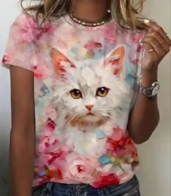 猫の顔プリント Tシャツ ピンク系