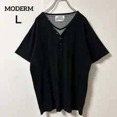 モダン【Ｌ】半袖Tシャツ 重ね着風カットソー ブラック ボーダー 綿100%