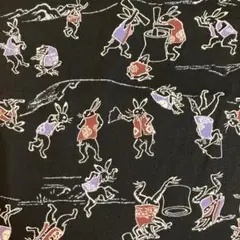 和柄✨108×50✨鳥獣戯画✨うさぎ、カエル✨黒地✨シーチング✨生地ハギレ