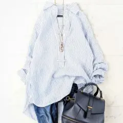 美品✨マルティニーク martinique 麻100％ ブルーストライプ柄シャツ