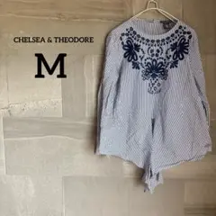 CHELSEA & THEODORE 【M】 長袖ブラウス 裾リボン ストライプ