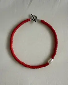 パール　ビーズ　ネックレス　赤　handmade