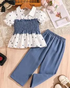 2セット 襟ハート柄シャーリングトップとデニム風パンツ　7Y