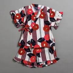 新品❣️キッズ 甚平 110 すっぽり着られる フリル付き 椿柄 BREEZE