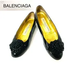BALENCIAGA バレンシャガ 黒エナメル 花飾り付き フラットシューズ