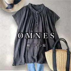 OMNES オムネス　麻綿　フレンチスリーブ　ブラウス　ギャザー　ゆったり　黒