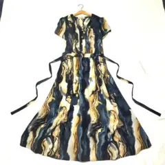 LaMODE 絵画柄 フレアロングワンピース リボン　アート柄