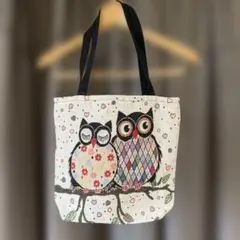 【未使用】布製刺繍フクロウデザイン トートバッグ 中型