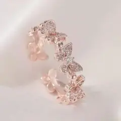 フリーサイズ 上品✨幸運のバタフライリング 高品質ジルコニア×ローズゴールド