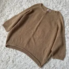 マオメイド　リネンコットンニットプルオーバー　ワッフル編み　五分丈　キャメル