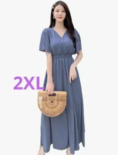 【新品】リゾート マキシ丈ワンピース 半袖 シフォン2XL ダスティーブルー