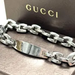 【美品】GUCCI グッチ ロゴプレート ステンレス ブレスレット シルバー