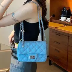 上品 バッグ チェーン付き ショルダー 韓国 デニム風