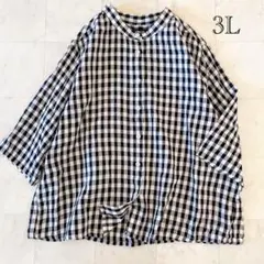 77.サニークラウズ✨大きいサイズ 綿麻ブロックチェックシャツ 黒 3L