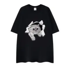 《新品未使用》猫柄ダメージプリント半袖Tシャツ