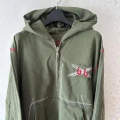 メンズ パーカー カーキ M〜L ステッチ ダメージ加工 ダブルジップ