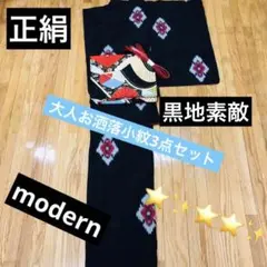 小紋正絹‼️黒地が素敵デザイン modern3点セットセット✨上品